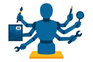 Illustration: Ein gesichtsloser Roboter-Torso, aus dem viele kleine Werkzeug-Arme ragen