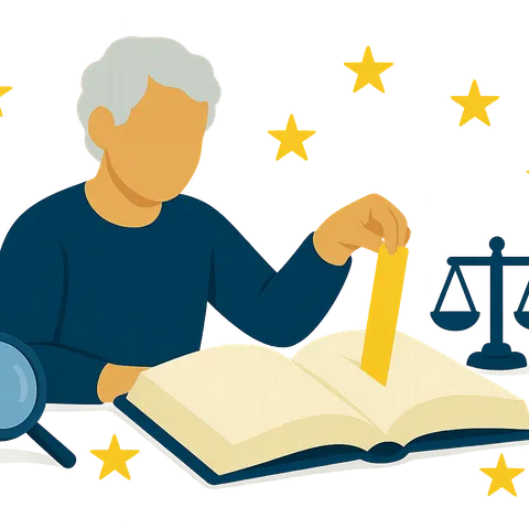 Illustration: Eine gesichtslose ältere Person markiert eine Stelle in einem offenen Gesetzbuch; daneben liegen Lupe, Waage und verstreute goldene Sterne