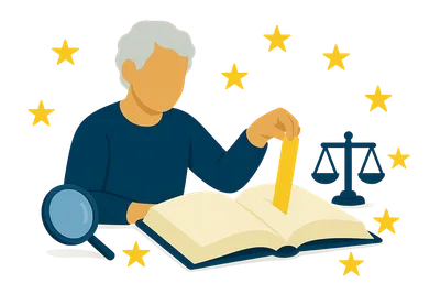 Illustration: Eine gesichtslose ältere Person steckt ein gelbes Lesezeichen in ein offenes Gesetzbuch; daneben liegen Lupe und Waage zwischen etwa zehn unregelmäßig verstreuten goldenen Sternen