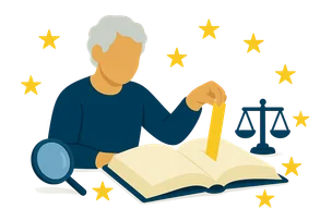 Illustration: Eine gesichtslose ältere Person steckt ein gelbes Lesezeichen in ein offenes Gesetzbuch; daneben liegen Lupe und Waage zwischen etwa zehn unregelmäßig verstreuten goldenen Sternen