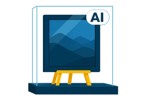 Illustration: Ein gerahmtes Bild mit gut sichtbarem KI-Label in Pillenform steht hinter einer Glasscheibe auf einem Rahmen-Ständer