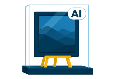Illustration: Ein gerahmtes Bild mit gut sichtbarem KI-Label in Pillenform steht hinter einer Glasscheibe auf einem Rahmen-Ständer