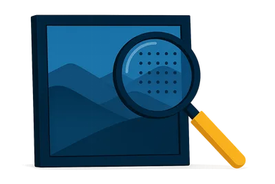 Illustration: Ein gerahmtes Bild mit dezentem Punktmuster-Overlay, darüber eine große Lupe