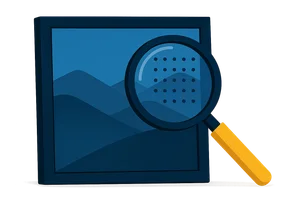 Illustration: Ein gerahmtes Bild mit dezentem Punktmuster-Overlay, darüber eine große Lupe