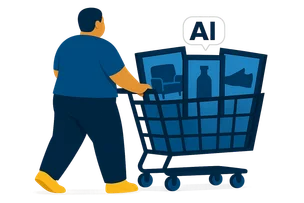 Illustration: Eine kräftige Person schiebt einen Einkaufswagen voller gerahmter Produktbilder, über einem davon schwebt ein weißes KI-Label