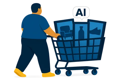 Illustration: Eine kräftige Person schiebt einen Einkaufswagen voller gerahmter Produktbilder, über einem davon schwebt ein weißes KI-Label