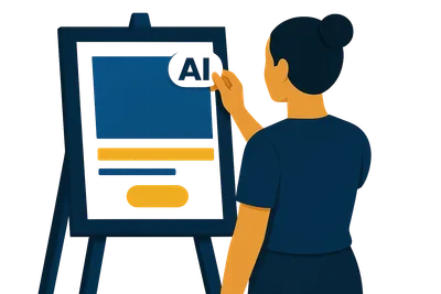 Illustration: Eine Person mit Hochsteckfrisur steht vor einer Staffelei mit einem Anzeigen-Mockup und klebt ein weißes KI-Label darauf