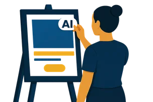 Illustration: Eine Person mit Hochsteckfrisur steht vor einer Staffelei mit einem Anzeigen-Mockup und klebt ein weißes KI-Label darauf