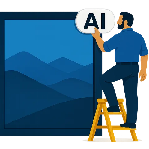 Illustration: Eine Person bringt das weiße KI-Label an der Ecke eines großen Bildes an