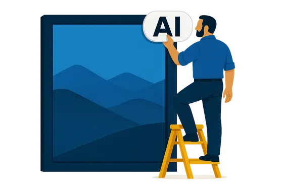Illustration: Eine Person bringt das weiße KI-Label an der Ecke eines großen Bildes an