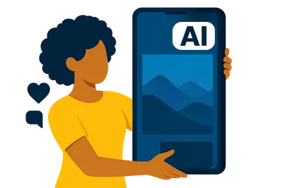 Illustration: Eine Frau mit Afro hält ein großes Smartphone im Hochformat, das Foto darauf trägt ein weißes KI-Label in der oberen rechten Ecke