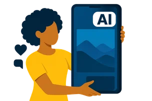 Illustration: Eine Frau mit Afro hält ein großes Smartphone im Hochformat, das Foto darauf trägt ein weißes KI-Label in der oberen rechten Ecke