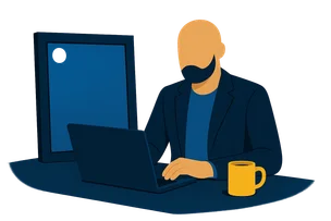 Illustration: Ein Mann mit Bart arbeitet am Laptop, neben ihm ein gerahmtes Bild mit einem kleinen Badge zur KI-Kennzeichnung in der oberen linken Ecke