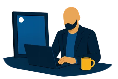 Illustration: Ein Mann mit Bart arbeitet am Laptop, neben ihm ein gerahmtes Bild mit einem kleinen Badge zur KI-Kennzeichnung in der oberen linken Ecke