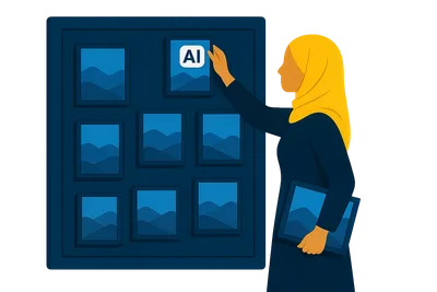 Illustration: Eine Frau mit Kopftuch pinnt Bildkarten an eine Rasterwand, eine Karte trägt ein weißes KI-Label