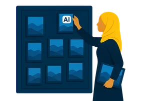 Illustration: Eine Frau mit Kopftuch pinnt Bildkarten an eine Rasterwand, eine Karte trägt ein weißes KI-Label