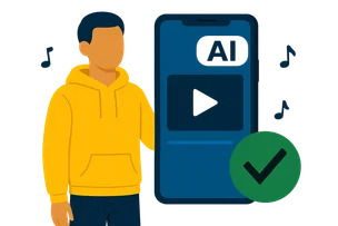 Illustration: Ein Mann im gelben Hoodie hält ein großes Hochformat-Smartphone mit KI-Label auf dem Videobild, daneben ein grünes Häkchen