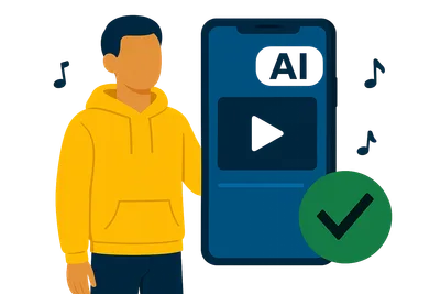 Illustration: Ein Mann im gelben Hoodie hält ein großes Hochformat-Smartphone mit KI-Label auf dem Videobild, daneben ein grünes Häkchen