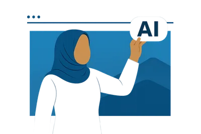 Illustration: Eine Frau mit Hijab setzt ein weißes KI-Label auf das große Titelbild in einem Browser-Fenster
