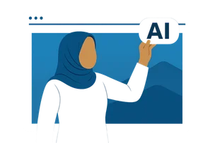 Illustration: Eine Frau mit Hijab setzt ein weißes KI-Label auf das große Titelbild in einem Browser-Fenster
