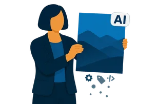 Illustration: Eine Frau hält ein Foto mit KI-Label hoch, während kleine Metadaten-Symbole unten aus dem Bild herausfallen