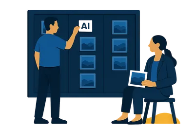 Illustration: Zwei Personen an einem Kanban-Board aus Bildkarten — eine steht und heftet eine Karte mit weißem KI-Label an, eine sitzt daneben mit einer Bildkarte