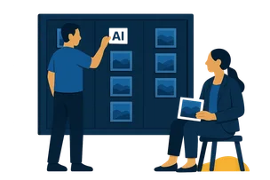 Illustration: Zwei Personen an einem Kanban-Board aus Bildkarten — eine steht und heftet eine Karte mit weißem KI-Label an, eine sitzt daneben mit einer Bildkarte