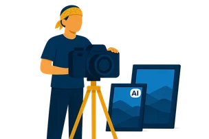 Illustration: Ein Fotograf hinter einer Kamera auf dem Stativ, daneben zwei gerahmte Bilder — nur eines trägt ein KI-Label