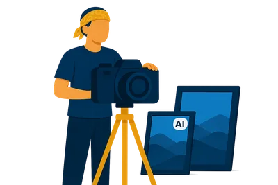 Illustration: Ein Fotograf hinter einer Kamera auf dem Stativ, daneben zwei gerahmte Bilder — nur eines trägt ein KI-Label