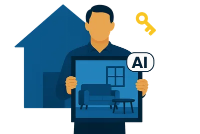 Illustration: Eine Maklerin vor einer Haus-Silhouette hält ein gerahmtes Wohnungsbild mit KI-Label in den Händen