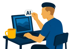 Illustration: Eine Person mit Undercut sitzt an einem kleinen Schreibtisch mit Laptop und Kaffeebecher und hängt ein weißes KI-Label an das Bild auf dem Bildschirm