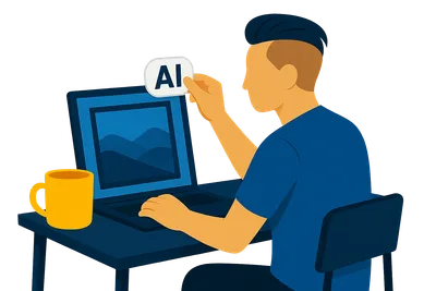 Illustration: Eine Person mit Undercut sitzt an einem kleinen Schreibtisch mit Laptop und Kaffeebecher und hängt ein weißes KI-Label an das Bild auf dem Bildschirm